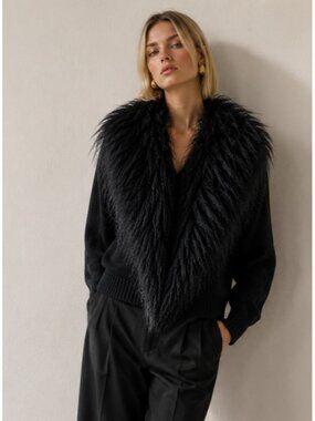 Haute Hoodie Her XS/S Black Merino Wool Cardigan Dyed Mongolian Lamb Fur Trim